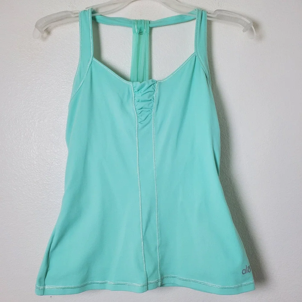Alo Yoga‎ Mint Green Ruched T-Strap Mesh Back Shelf Bra Workout Tank Top Size XS